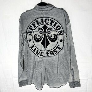 Vintage Y2K Affliction Black Premium Light Grey Embroidered Button Up Shirt 2XL